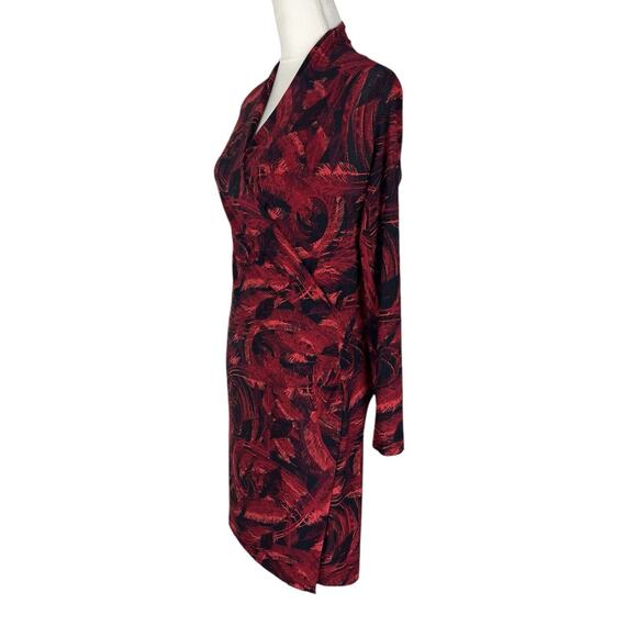 Norma Kamali Red Black Jersey Faux Wrap Dress Long Sleeve V-Neck Size Small - Picture 4 of 8